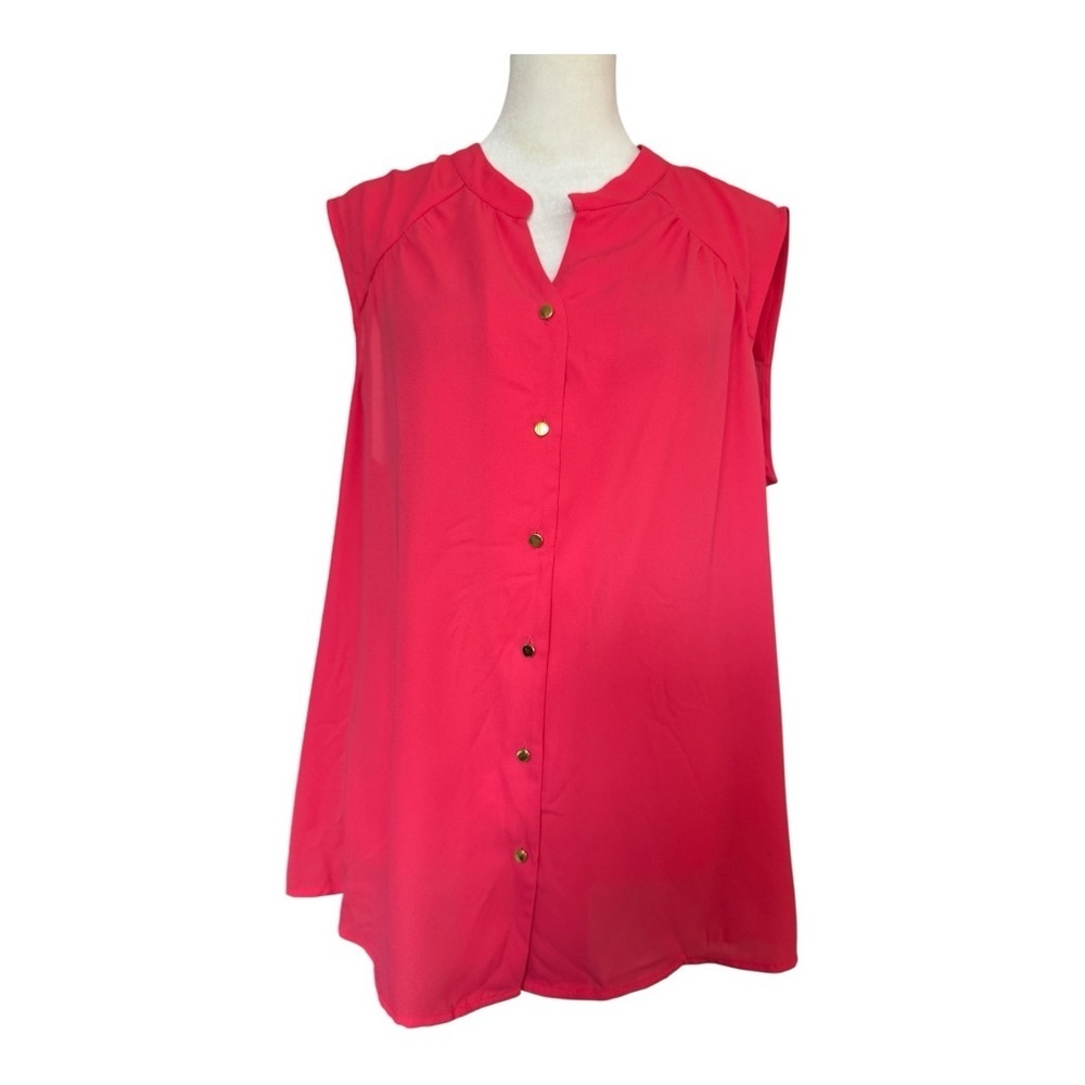Calvin Klein Coral Pink Sleeveless Blouse XL Gold Buttons Office Layering